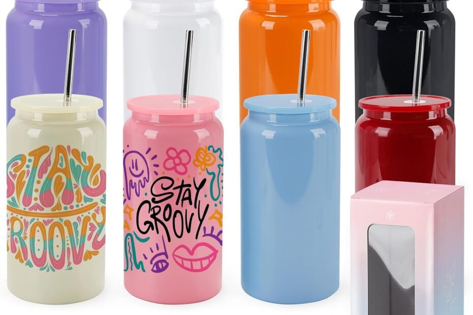 Elevate Your Drink Game: Joyclub 8 Set Colorful Glass Cups with Lids and Straws