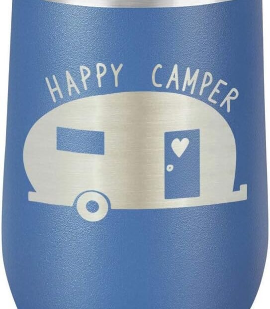 Sip in Style: The HAPPY CAMPER Blue Wine Glass with Lid for Adventurous Sipping!